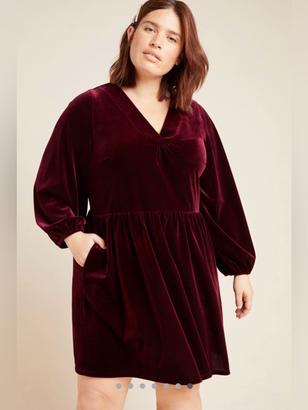 Anthropologie Amadi Greta Velvet Tunic Dress L Wine Burgundy V-Neck Pockets NWT